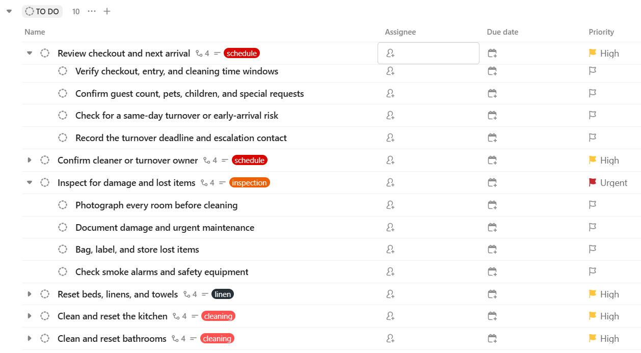 ClickUp List view showing Airbnb turnover checklist tasks and checkable substeps