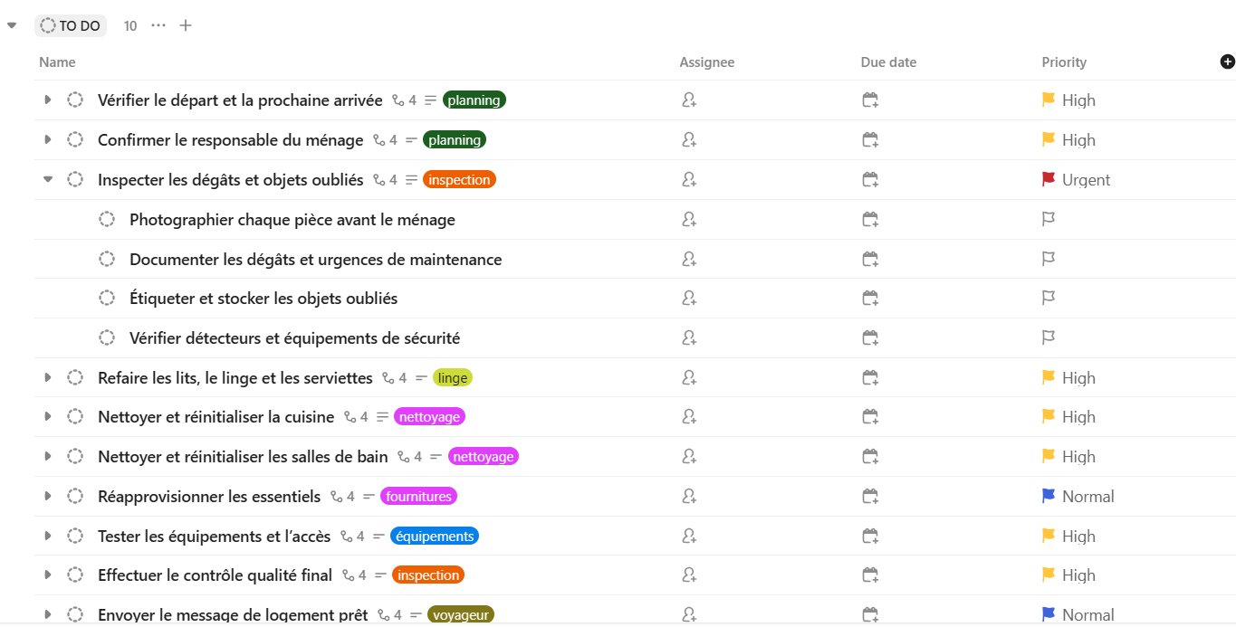 Vue Liste ClickUp montrant les tâches et sous-tâches de la checklist de rotation Airbnb