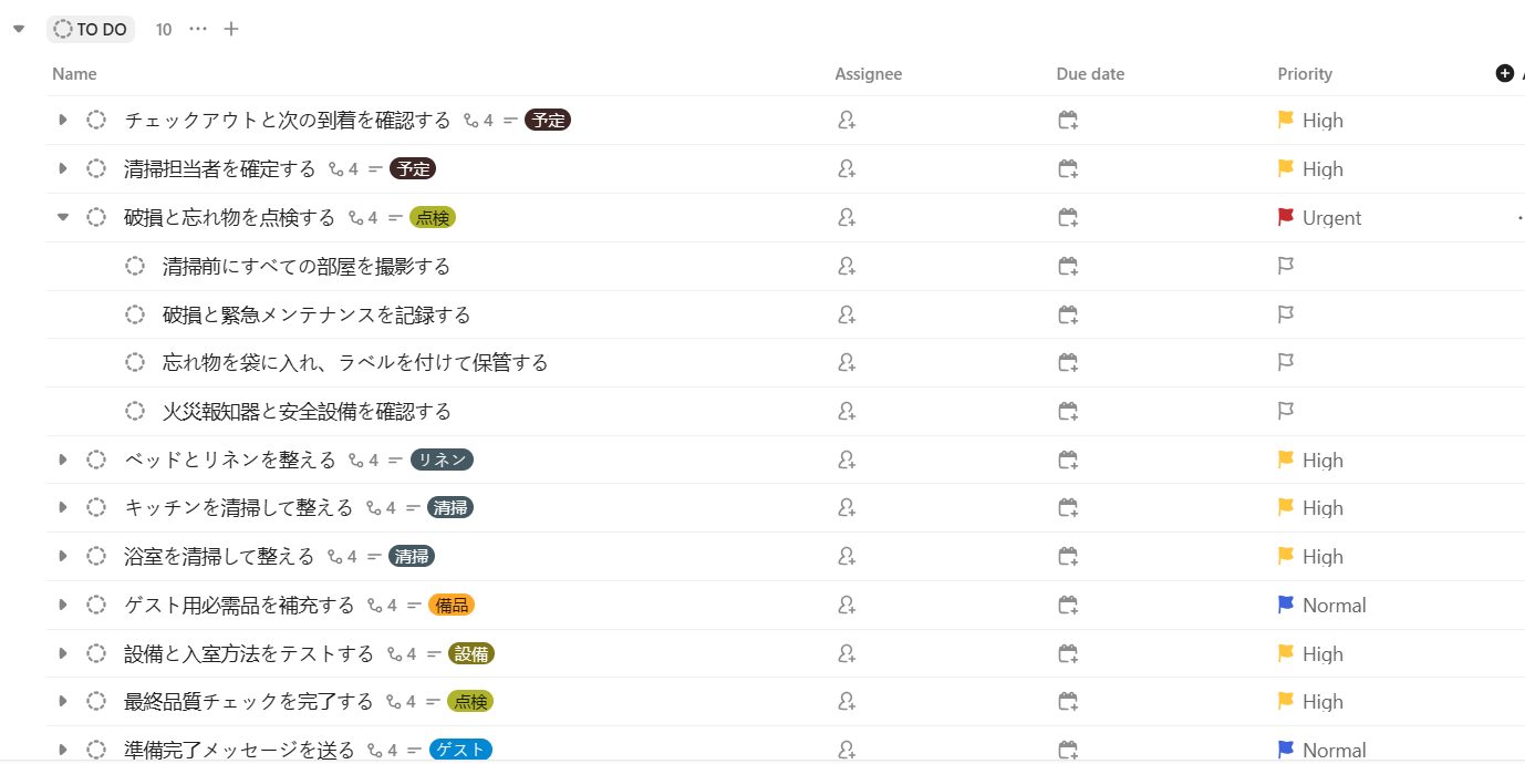 Airbnb入替チェックリストのタスクとサブタスクを表示したClickUpのリスト画面