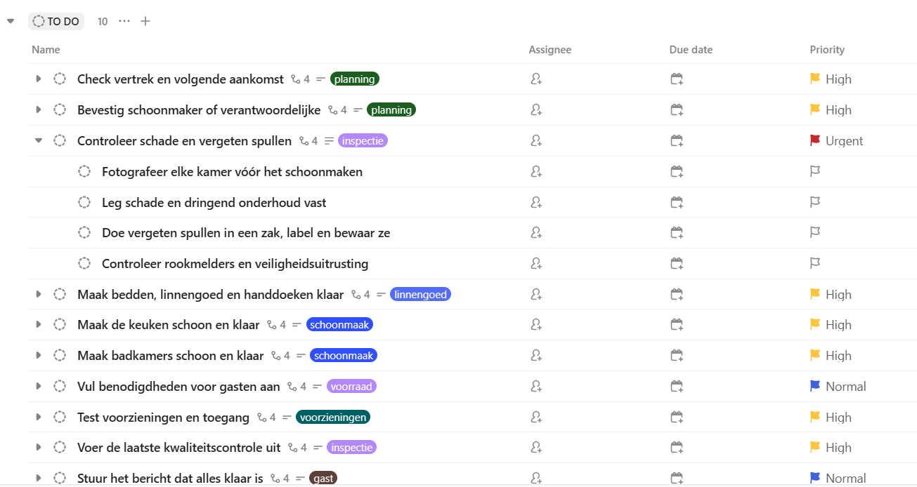 ClickUp-lijstweergave met taken en subtaken van de Airbnb-wisselchecklist